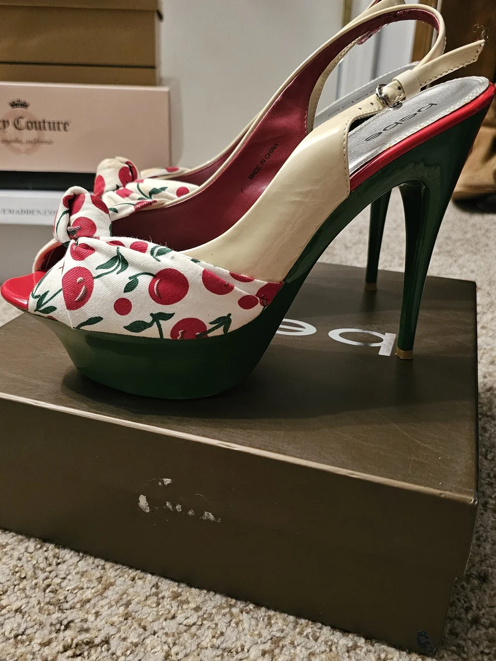 bebe Cherry-Print Peep Toe Platform Slingbacks in White/Red/Green